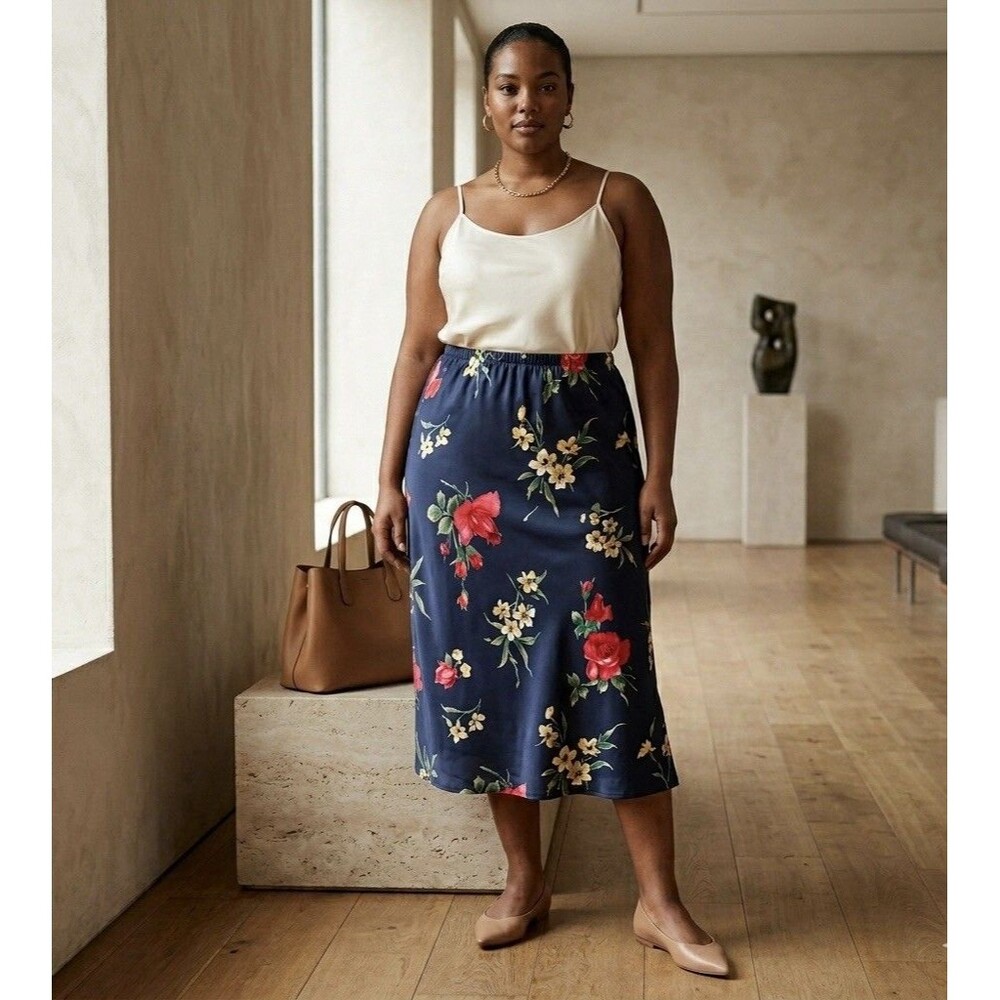 Vintage Alfred Dunner Floral Midi Skirt Navy Rose Print Size 18 Cottage-Garden